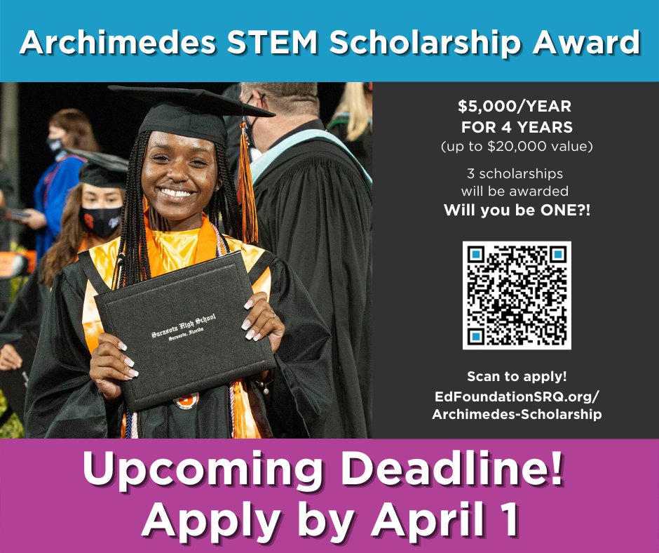This award will be assigned to a total of 3 outstanding 1st-time college students (Class of 2022). Each award has a total value of $5,000/year, up to $20,000 over 4 years. Learn more and apply at EdFoundationSRQ.org/Archimedes-Sch…
#scholarshipseason #scholarshipopportunities
