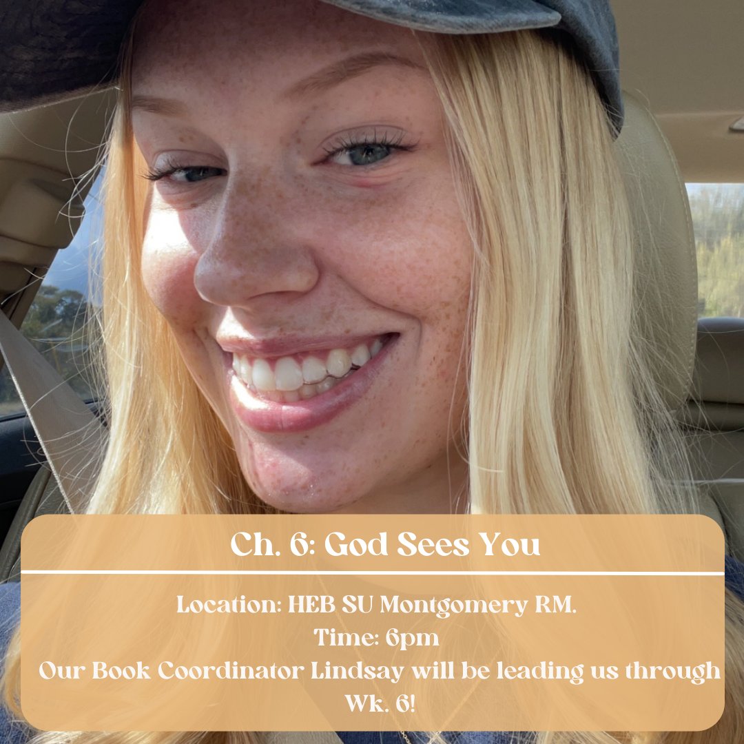 Lindsay is leading us through Ch.6: God Sees You this Wednesday at 6pm in the Oak Rm. We hope to see you there and good luck on finishing this semester strong 'Runners!