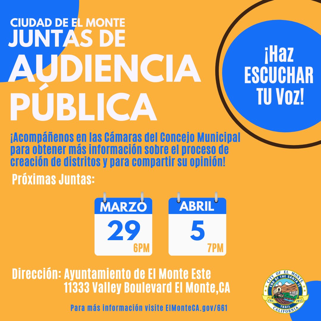 Calling all El Monte residents!

Join us this evening at 6 PM as the City Council discusses district maps submitted by your neighbors as the city considers transitioning to district-based elections!

Learn more about city council election redistricting at elmonteca.gov/661.