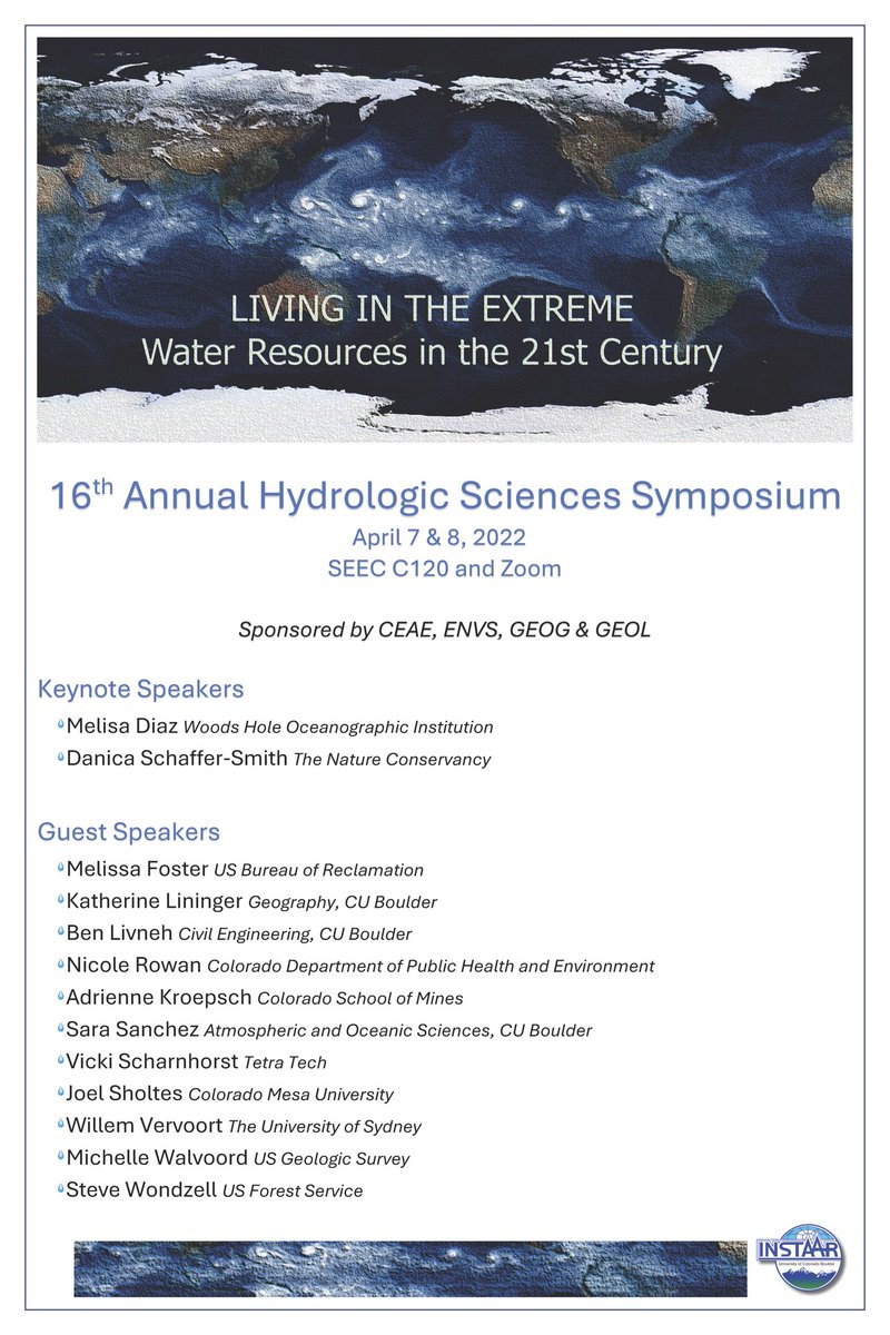 TJohaneman's tweet photo. 📣📣#Hydrology Twitter!! 📣📣

Please join us April 7 and 8 for the 16th annual Hydrologic Sciences Symposium at CU Boulder.

This event is free &amp; will be held both in-person and on Zoom.

There will be some great keynote and guest speakers, as well as student speakers! 🌊💧❄️ https://t.co/BCK0vKDyZ0