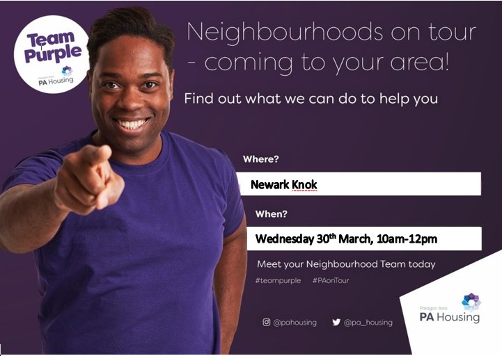 Residents at Newark Knok! Reminder of our Neighbourhood On Tour event tomorrow! See you there 😀👍
#TeamPurple @pa_housing