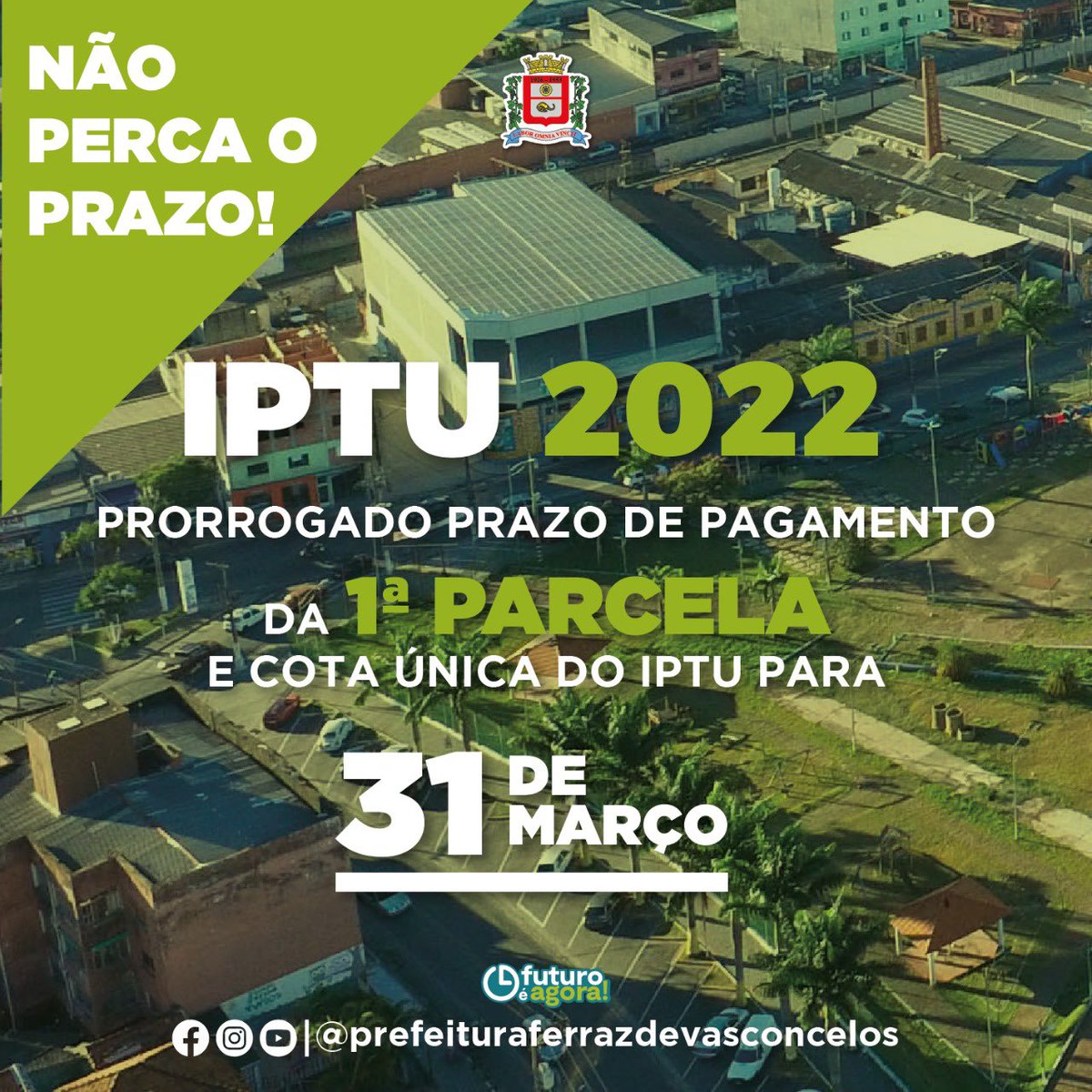 cidadedeferraz's tweet photo. 🏢 IPTU 2022 🏢

✉️ Fique atento aos prazos!

🗓️  Vencimento da 1ª parcela ou cota única 31/03

💵 Pagamento à vista tem 10% de desconto no valor do IPTU, não sendo aplicado às demais taxas. 

#PrefeituraDeFerraz
#PMFV
#SecomFV
#IPTU2022 https://t.co/Cloxfjl8Nc