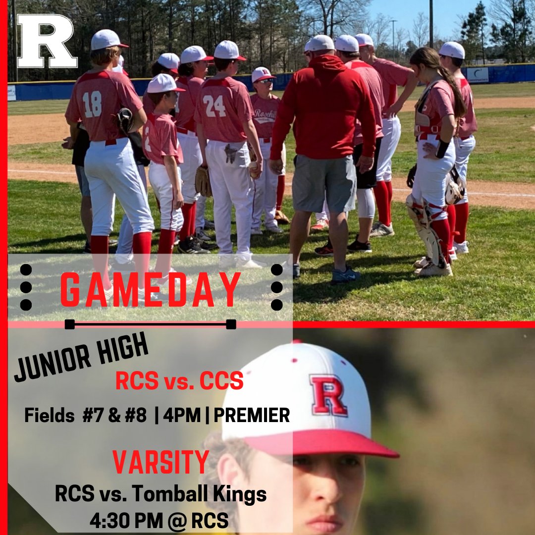 Hey Batter Batter!! RCS Baseball is on the agenda TODAY!!!

JH A &amp; B Teams vs. CCS @ 4pm on fields #7 &amp; #8 | Premier Baseball | RED OUT and show your RCS Spirit!!!

Varsity vs. Tomball Kings | 4:30pm | @ HOME!!

LET'S GO EAGLES!

#RosehillChristian #Baseball #family