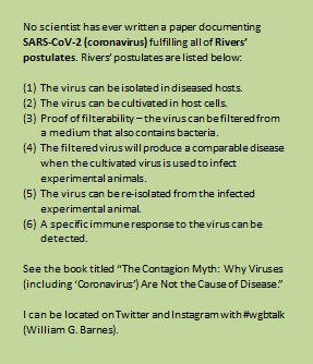 wgbarnes615's tweet photo. No scientist has ever written a paper documenting SARS-CoV-2 (coronavirus) fulfilling all of Rivers’ postulates. The virus does not exist.
#COVID1984 #DoNotComply #RiversPostulates #TheContagionMyth #ContagionMyth #nashville #davidsoncounty #tennessee #wgbtalk https://t.co/QHP62qlgCF