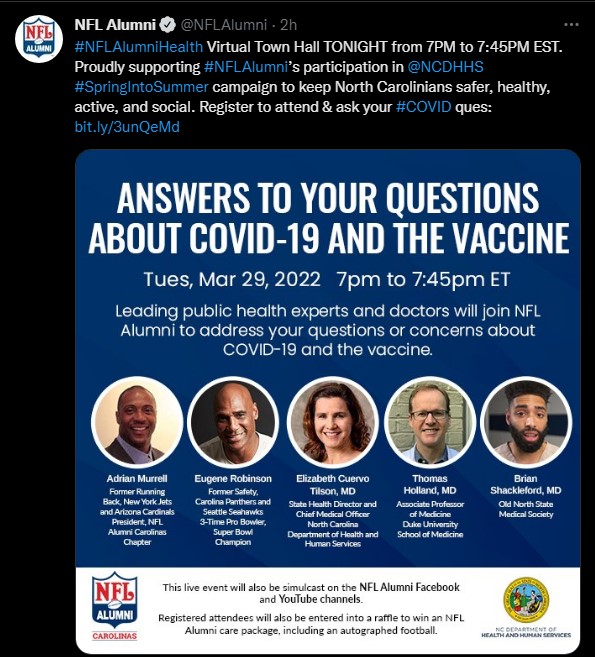 nflajax's tweet photo. Time's running out to sign up &amp; attend #NFLAlumni Carolina Chapter's #NFLAlumniHealth #vaccination education event, Virtual Town Hall. Today, 3/29 from 7pm-7:45pm EST. #GetTheFacts from health experts: https://t.co/UgWU5qzRhX https://t.co/5i9zhcxgs3