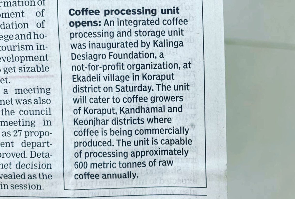 laban_das's tweet photo. @kdfsocial aims to hit 12 out of the 17 UN Sustainable Development Goals (SDG). @kdfsocial recently inaugurated ODISHA’s first Integrated Coffee Curing and Storing Unit at Koraput. Simple plan to keep the Koraput Coffee in Koraput itself!!
#INDUSTRY 
#tribalcoffee
#koraputcoffee https://t.co/8R9UyBqy0g