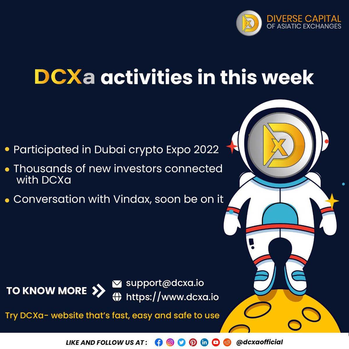 DCXaofficial's tweet photo. • #Participated in Dubai crypto Expo 2022
• Thousands of new investors connected
with #DCXa
• Conversation with #Vindax, soon be on it
👉For More Information, Visit Here👇
📧 Email: support@dcxa.io
🌐 Website: https://t.co/vCeFF0AGvW https://t.co/Ak0qYllLtO