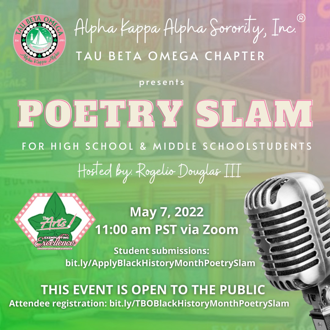 AKA_TBO's tweet photo. The Poetry Slam on May 7th, 2022 is still accepting submissions! Apply today for theTau Beta Omega Poetry Slam hosted by Rogelio Douglas III! 🔗 in our bio.
#TauBetaOmega #AKA1908 #AKATBO #AKAFWR #Target4 #TheArts https://t.co/JMcbBYbmnu