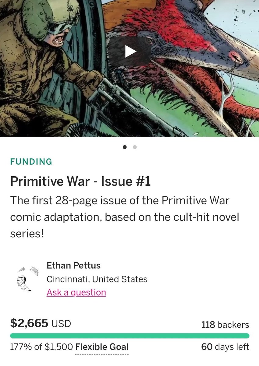 Fully funded within an hour! Thank you all so much! We still have 60 days to go and plenty of stretch goals, so keep sharing and get your copy of Primitive War Issue 1 - War Is Hell, while you can! 

#primitivewar #theprimitivewar #comics #comicbooks #dinosaurs #indiecomics