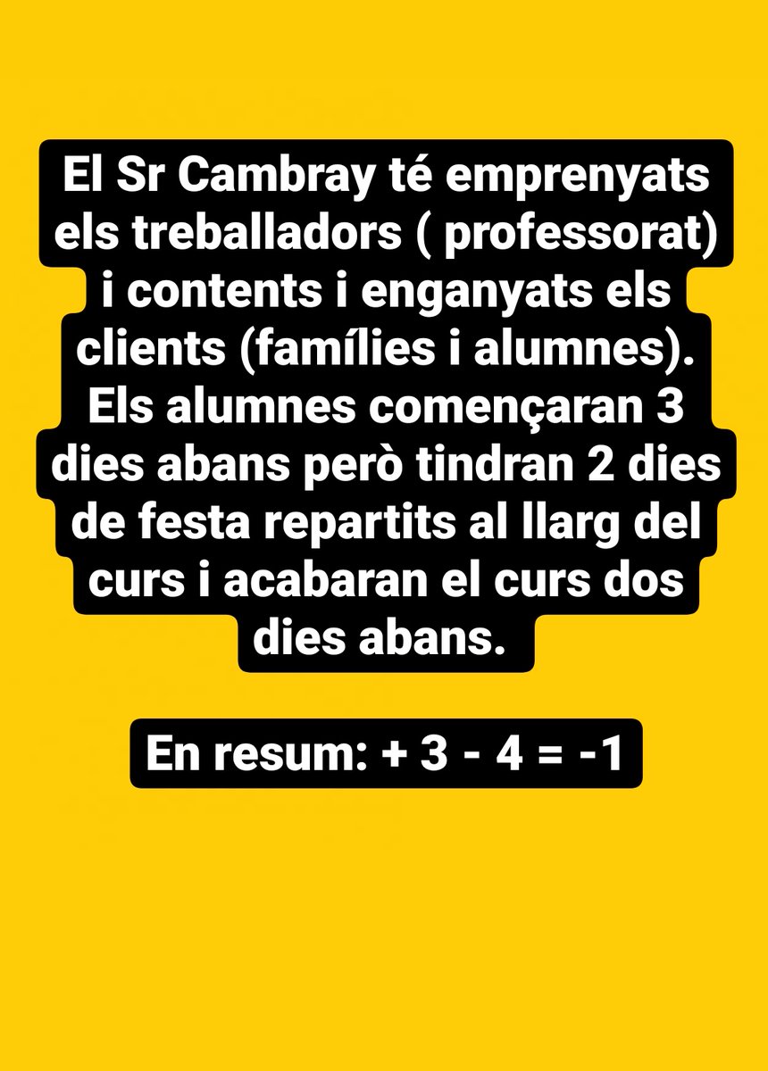 CarmePorcel's tweet photo. @JosepGCambray @perearagones #VagaEducació Famílies, no us deixeu enganyar,el Sr Cambray en sap molt de vendre la moto.Els alumnes de secundària començaran 3 dies abans però tindran 4 dies més festius.Però queda molt bé dir que els professors ens emprenyem per començar abans. https://t.co/qCyhZMgcQQ