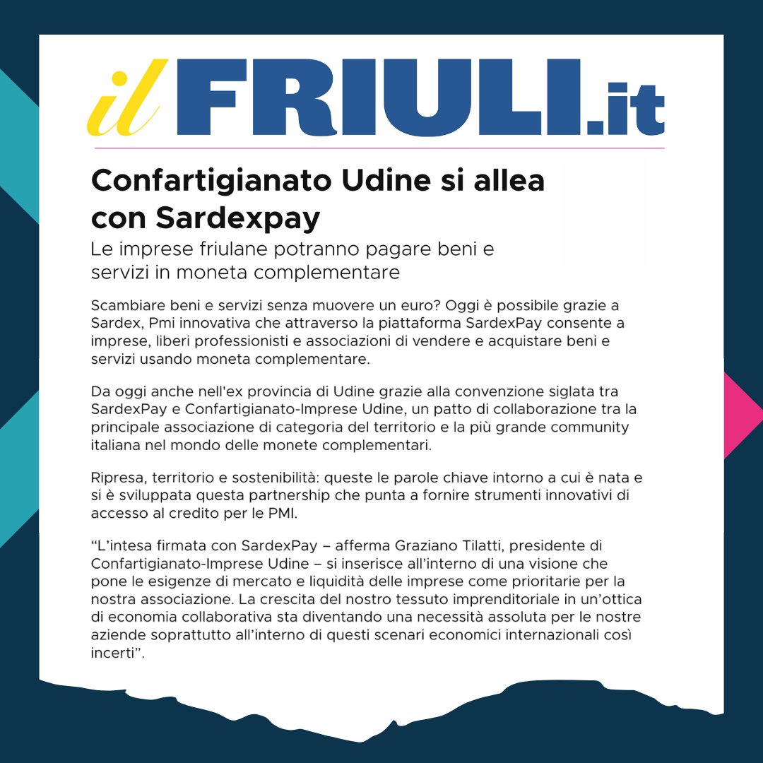 🆕 È nata una nuova partnership 🆕 
Abbiamo siglato un accordo con <a href="/ConfartiUdine/">Confartigianato UD</a>:
ne parlano #IlPaîs, #FriuliOggi e <a href="/IlFriuli/">ilFriuli</a> e noi siamo fieri di aprire alle PMI del #Friuli un sostegno concreto ed innovativo.
 #SardexPay #economiacollaborativa.