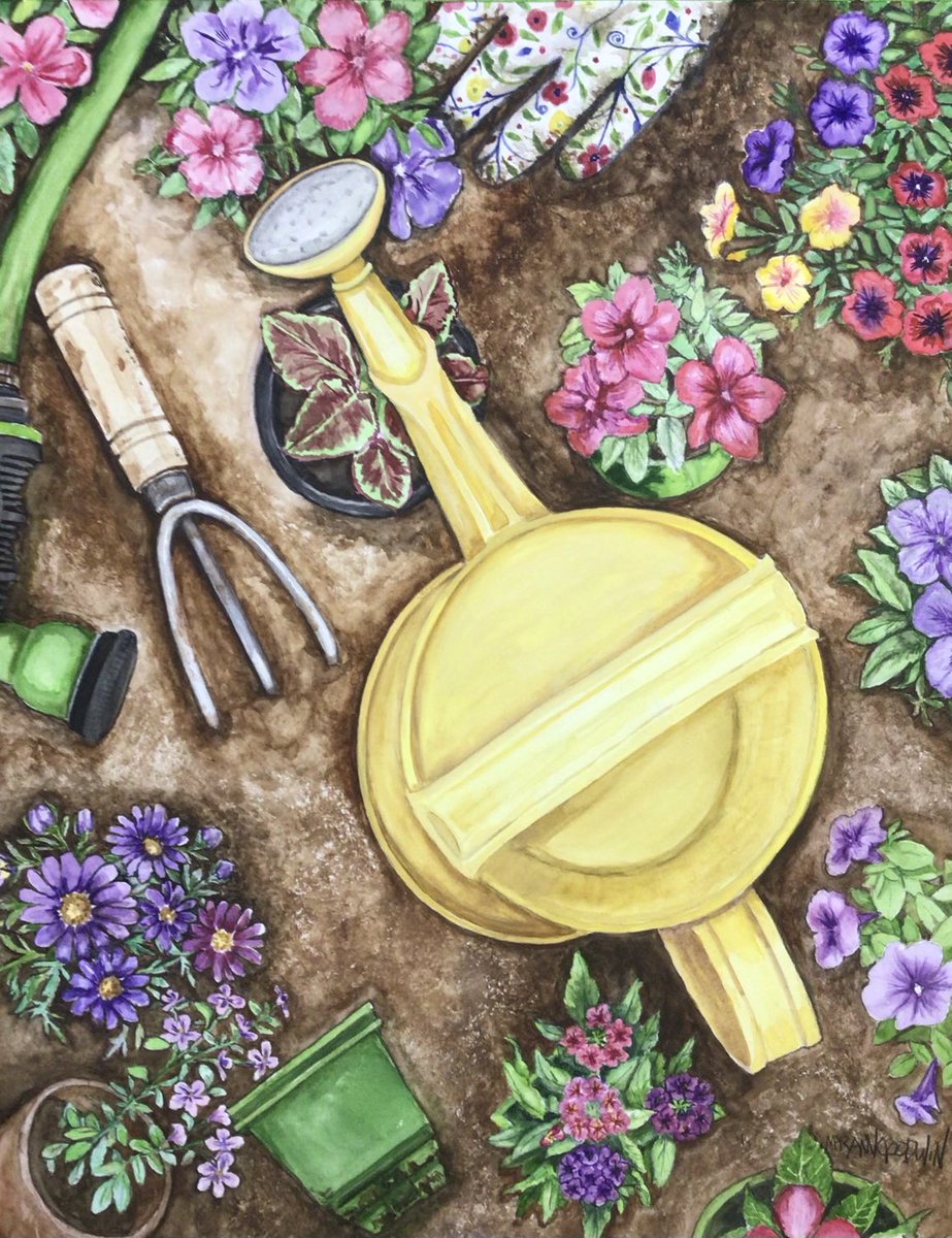 Yellow watering can finished. Ready for sow and or sale. If interested DM me. #watercolor #njartist #watercolorart #gardenpainting