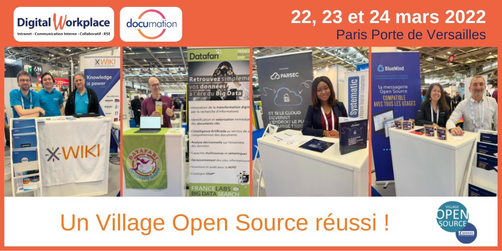 Hub Open Source Systematic Paris-Region (@hubopensource) on Twitter photo Il y a 1 semaine, notre Village #opensource était en place sur <a href="/DigitWorkplace/">Digital Workplace</a> & @Documation2022 pour vous faire découvrir les solutions alternatives à 365 de <a href="/XWiki/">XWiki</a>, <a href="/ParsecScille/">PARSEC</a>, <a href="/bluemind/">BlueMind</a> & <a href="/francelabs/">France Labs</a>
bit.ly/3DsX7QD
Une réussite qu'on renouvellera l'année prochaine! Il y a 1 semaine, notre Village #opensource était en place sur <a href="/DigitWorkplace/">Digital Workplace</a> & @Documation2022 pour vous faire découvrir les solutions alternatives à 365 de <a href="/XWiki/">XWiki</a>, <a href="/ParsecScille/">PARSEC</a>, <a href="/bluemind/">BlueMind</a> & <a href="/francelabs/">France Labs</a>
bit.ly/3DsX7QD
Une réussite qu'on renouvellera l'année prochaine!