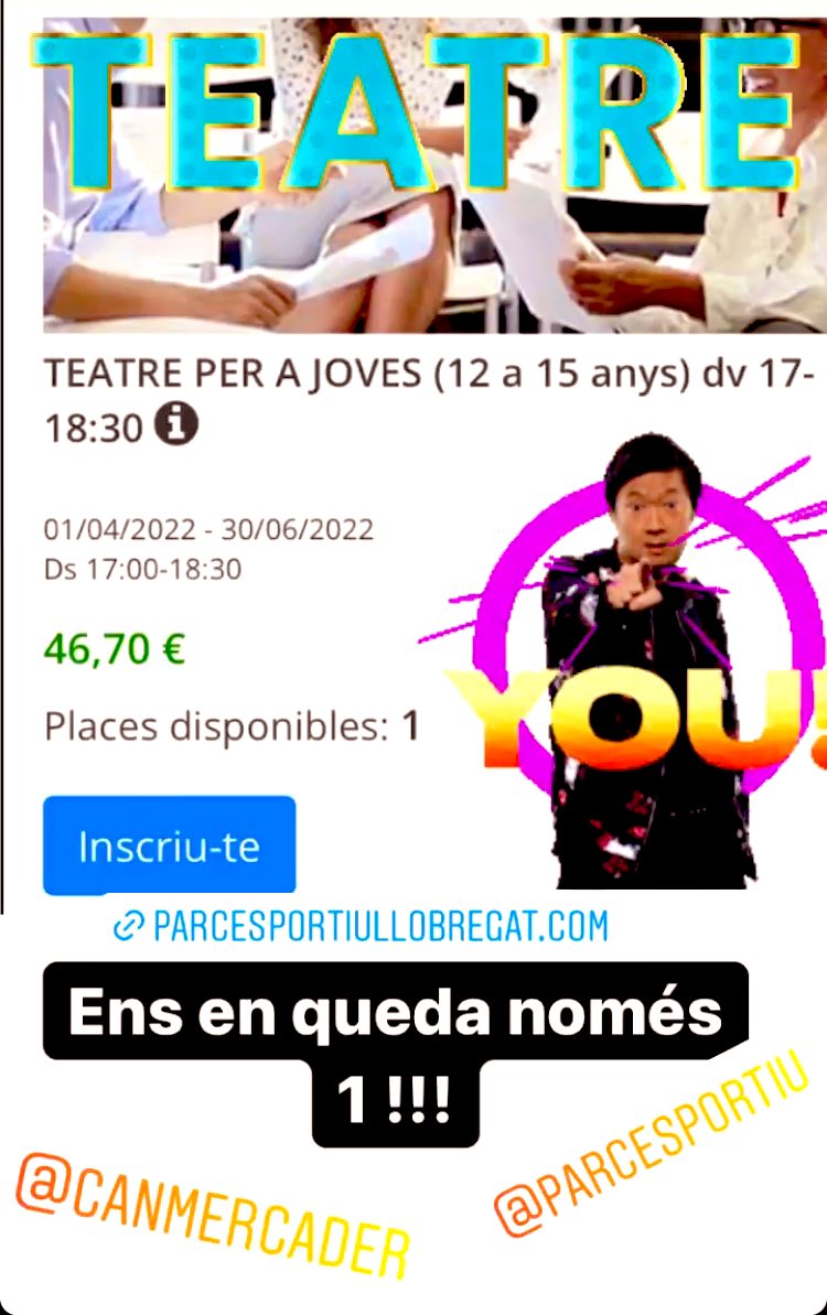aamazares's tweet photo. Última plaça per a #teatrejoves a @PARCESPORTIU https://t.co/HsaMxB4Fbs https://t.co/IKpEKpkZYs
