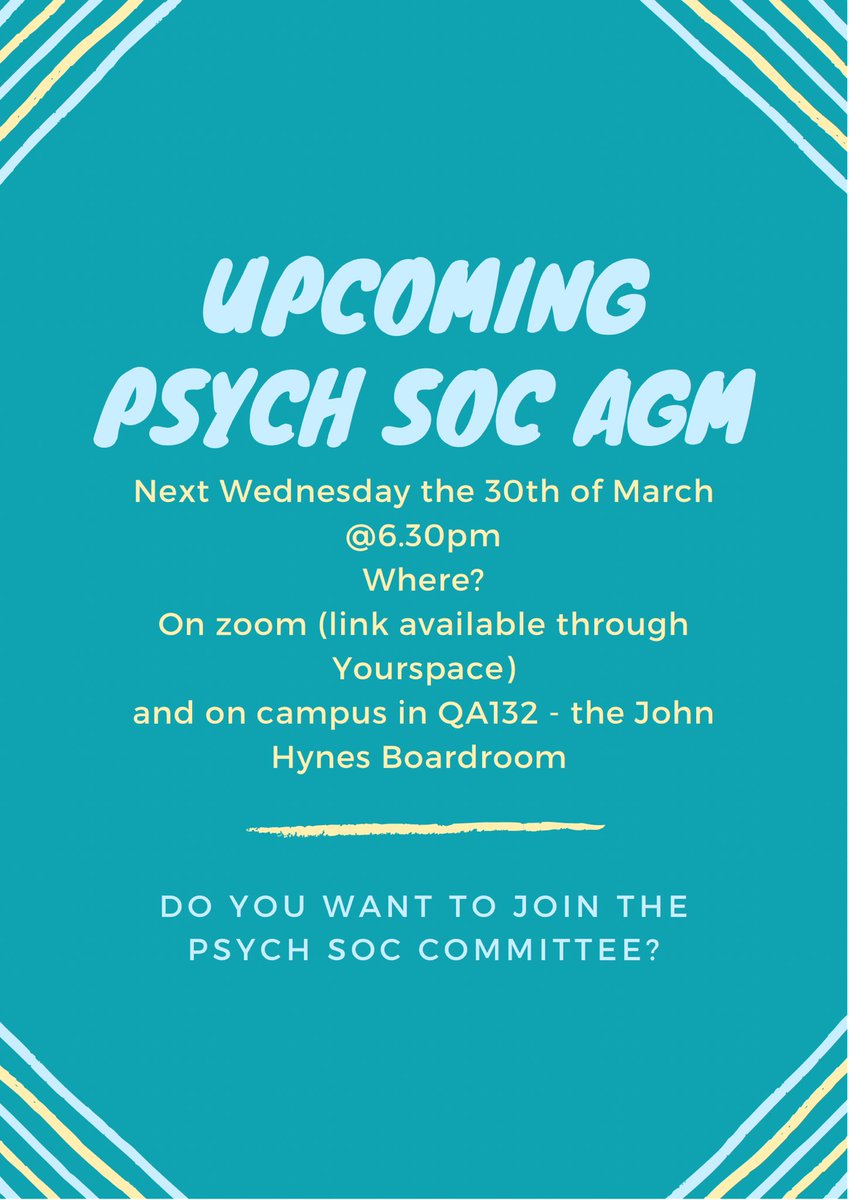 UGPsychSoc's tweet photo. You are all welcome to Pysch Soc’s AGM tomorrow Wednesday the 30th of March in the Quad!! If you want to join the committee for next year, or just know more about being on the committee, please join us tomorrow at 6.30pm!!
Psych Soc x https://t.co/48dTbRt1el