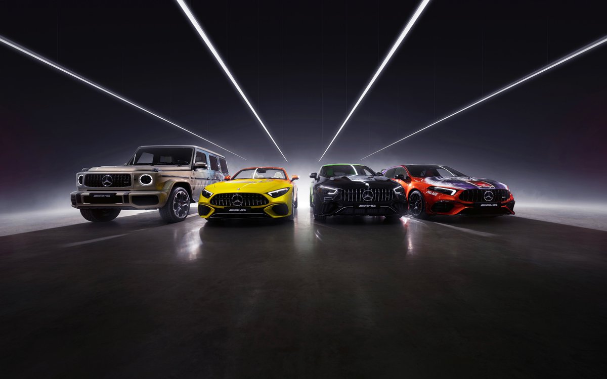 MercedesBenzUSA's tweet photo. In collaboration with Palace Skateboards, four @MercedesAMG series models have been transformed into art cars. Each vehicle elevates the home of Mercedes-AMG, Affalterbach, to the rank of a world metropolis - with the cars representing London, LA, NY &amp; Tokyo. #AMG https://t.co/8PvFmewrl4