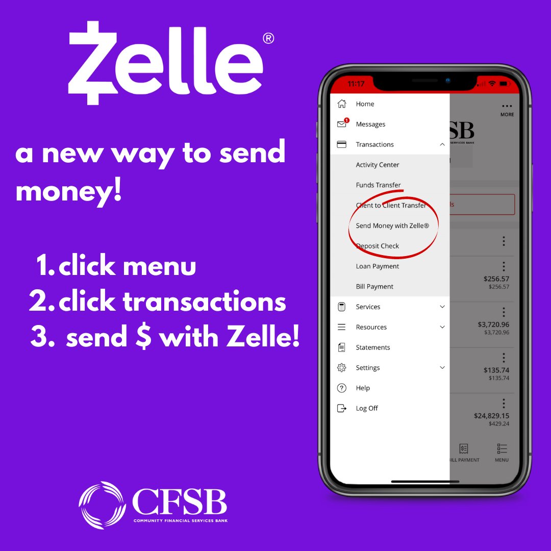 Zelle is here! A new, faster, secure way to send money to friends and family! Click menu on the bottom right of the app. From here, whether you're on desktop or mobile, click transactions > send money with Zelle! If you have any questions, contact us at 888-226-5669