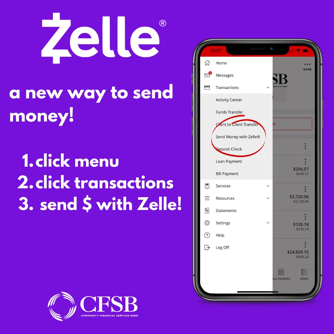 CFSBank's tweet photo. Zelle is here! A new, faster, secure way to send money to friends and family! 
Click menu on the bottom right of the app. From here, whether you're on desktop or mobile, click transactions > send money with Zelle! 

If you have any questions, contact us at 888-226-5669 https://t.co/TTtaTLGJ0z