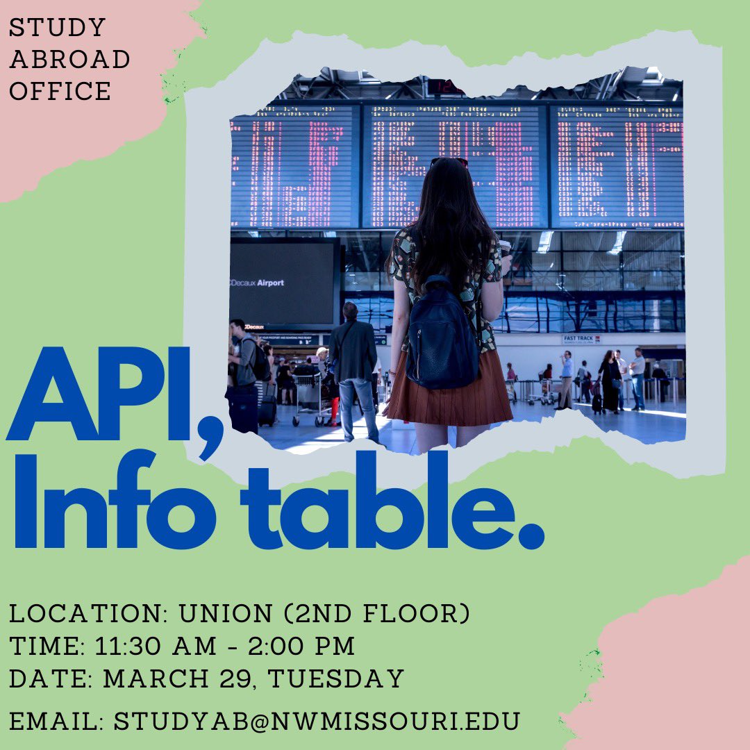 NWGoAbroad's tweet photo. Want to learn more about what Study Abroad application process is like? Please, stop by the table we have a guest, Jason Kouba, representative from API program to talk to you about it and more! https://t.co/sWZyaoCSnm