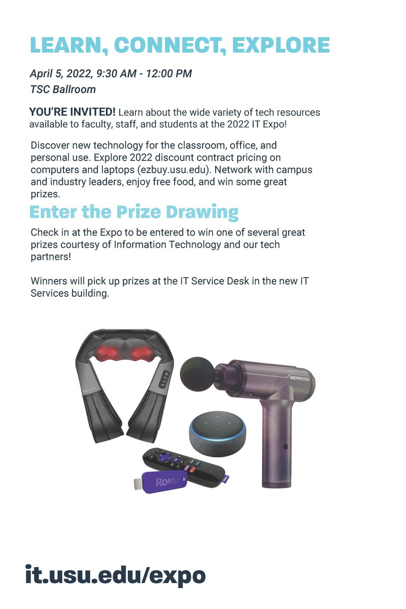 USUIT's tweet photo. Join us at the 2022 IT Expo, 9:30am - 12:00pm live in the TSC Ballroom for food, prizes, and the latest tech. Visit with USU IT and our vendors. @usuaggies, everyone is welcome! https://t.co/8vZBhGbMDm https://t.co/ayavu0sFHC
