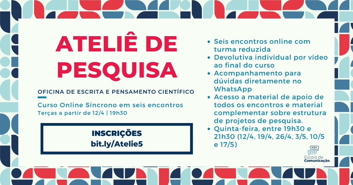 edecomunicacao's tweet photo. Inscrições abertas p/ a quinta edição do Ateliê de Pesquisa! Um curso online síncrono ministrado pela @luizacdsantos e pelo @tellesjornal. O Ateliê trabalha a escrita, a estruturação e o pensamento científico, com foco nas ciências humanas e sociais e uma pegada prática. https://t.co/m4siDxWdRt