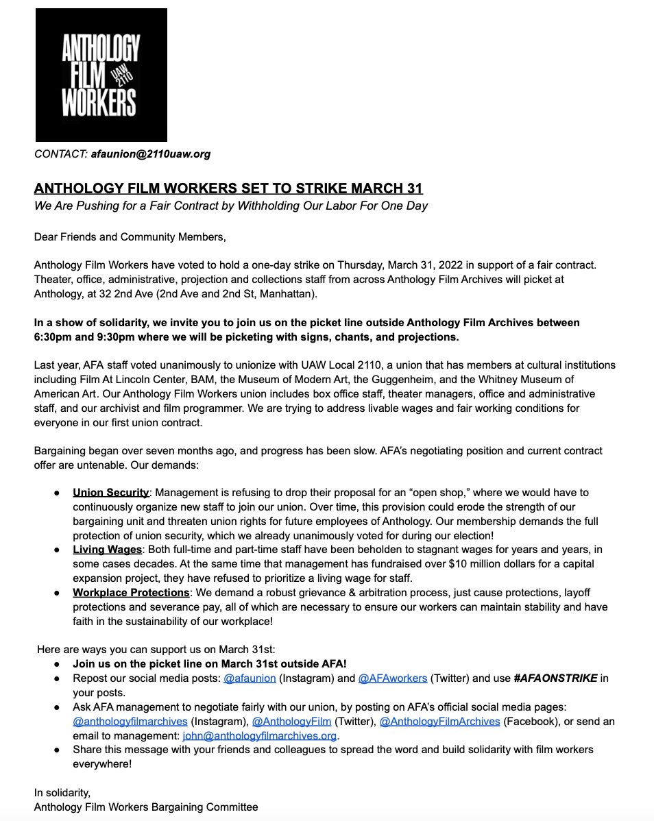 AFAworkers's tweet photo. 🗣️AFA WORKERS ON STRIKE! 

Join us on our picket line March 31 from 6:30 - 8:30 PM in front of AFA (2nd Ave and 2nd St, Manhattan)!

#AFAONSTRIKE #unionyes #local2110 @AFAworkers https://t.co/oE4PhdfXhv