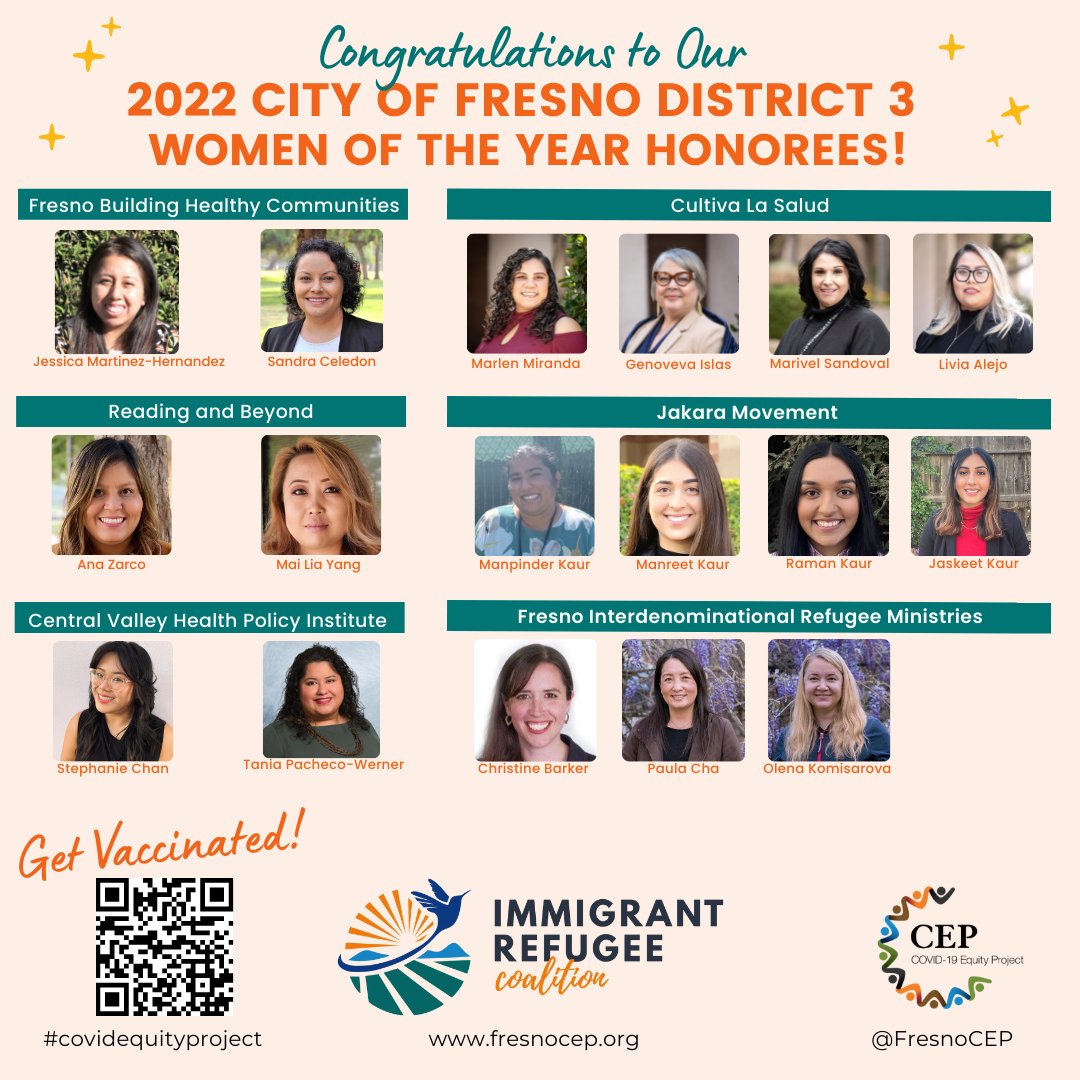 Congrats to our very own @CityofFresno Women of the Year Honorees!

@CultivaLaSalud @JakaraMovement @Reading_Beyond @FIRMunity_ @FresnoStateCHHS #CVHPI leading the COVID-19 Equity Project w/ 135+ Community Health Workers to #StopCOVID19. 

#WomenLeadingTheValley