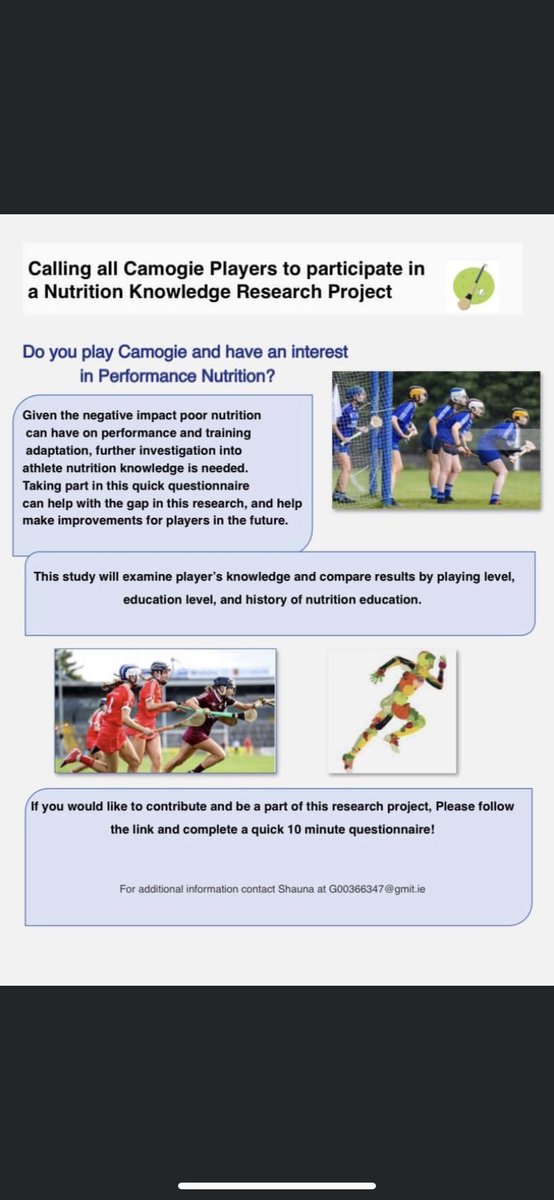 I am carrying out a research for my final year project in Public Health Nutrition. I am calling all camogie players to participate in this 10minute survey, i would greatly appreciate it! forms.office.com/Pages/Response…
