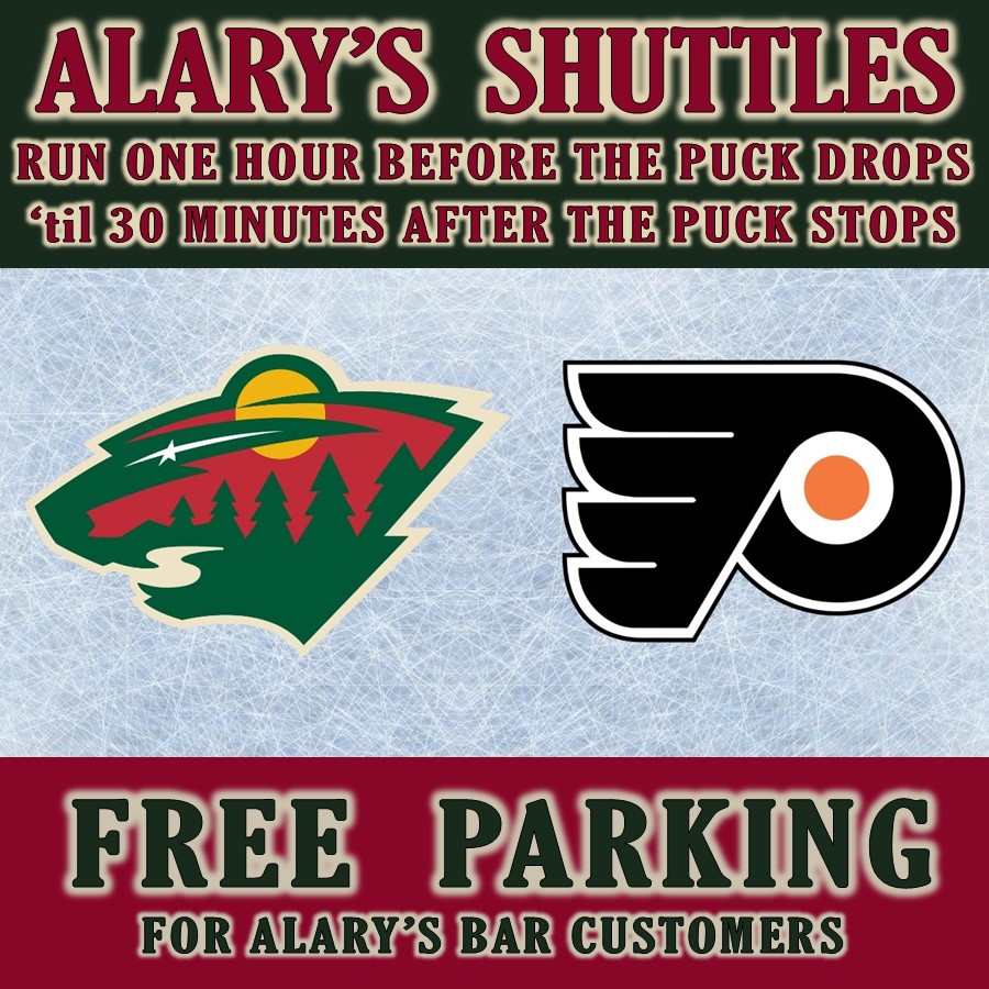 Your <a href="/mnwild/">Minnesota Wild</a> take on the <a href="/NHLFlyers/">Philadelphia Flyers</a> at the <a href="/XcelEnergyCtr/">Xcel Energy Center</a>  tonight!  #FREE parking and shuttles for #AlarysBar customers!  #mnwild #gowild