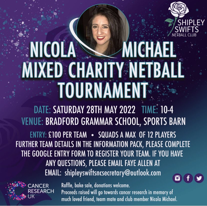 **💜Nicola Michael Mixed Charity Netball Tournament💜**

To enter, complete the Google form below &amp; send entry fee of £100 to Shipley Swifts Netball Club (details on the form). Please note, your entry will not be confirmed until we have received payment.

forms.gle/gVZoKyWasu2pu2…
