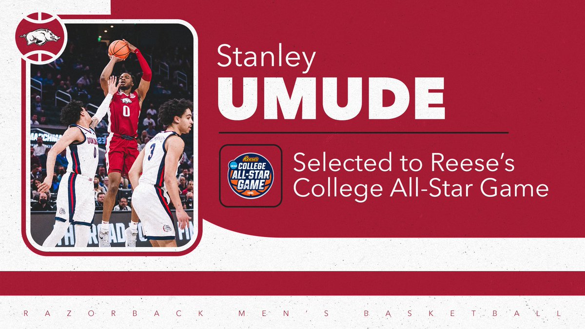 RazorbackMBB's tweet photo. Not done yet! Congrats to our guy @StanleyUmude_ on being selected for the Reese's Division I College All-Star Game.

You can watch this Friday, April 1 on CBS Sports Network at 3:30pm CT. https://t.co/8JwVS9uchb