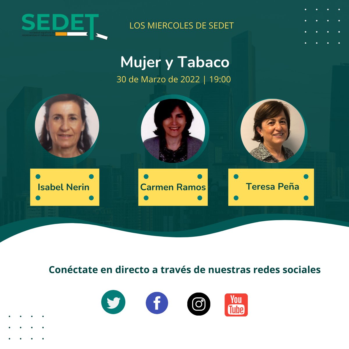 Mañana tenemos nuevo #MiercolesdeSEDET y contaremos con la inestimable colaboración de Isabel Nerin, Carme Ramos y Teresa Peña para hablar de #MujeryTabaco.

Y como no puede ser menos, con nuestra presentadora de lujo: <a href="/noa_rey/">Noa Rey</a> 

Te esperamos como siempre a las 19:00

<a href="/CNPT_E/">CNPT</a>