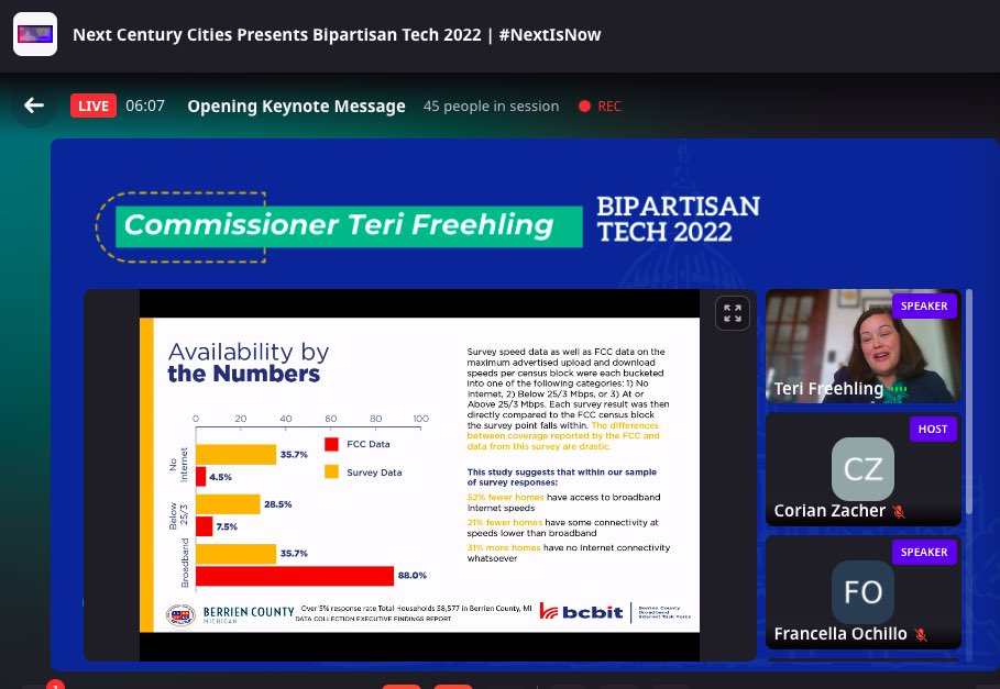 FranOchillo's tweet photo. "What gets measured gets done," in the words of Commissioner Teri Freehling. She called for local leaders and broadband advocates to be positive force multipliers. #digtialdivide #broadbanddata #Michigan @meritnetwork #NextIsNow #BipartisanTech https://t.co/wVLUGnvs6X