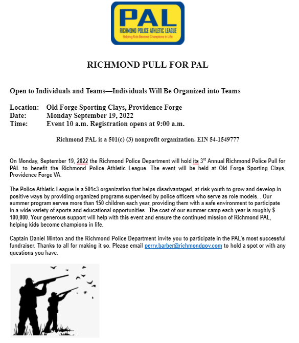 RichmondPAL's tweet photo. Save the Date!
RVA PAL's 3rd Annual Pull for PAL is happening Monday, September 19th at Old Forge Sporting Clays in Providence Forge, VA!
Open for either individual or team registration.
To hold a spot, please email us. https://t.co/Fobp1psmer