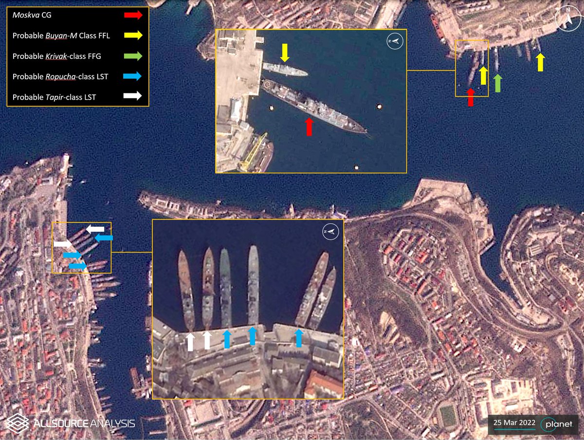 GEOINT analysis on 25 March 2022 shows several Russian naval vessels moored at the port of Sevastopol.   bit.ly/2oeCGCj  

#GEOINT #Geospatial #Intelligence #Russia #Navy #Cruiser #Corvette #MissileFrigate #Submarine #SituationalAwarness #Monitoring #SpecializedSolutions