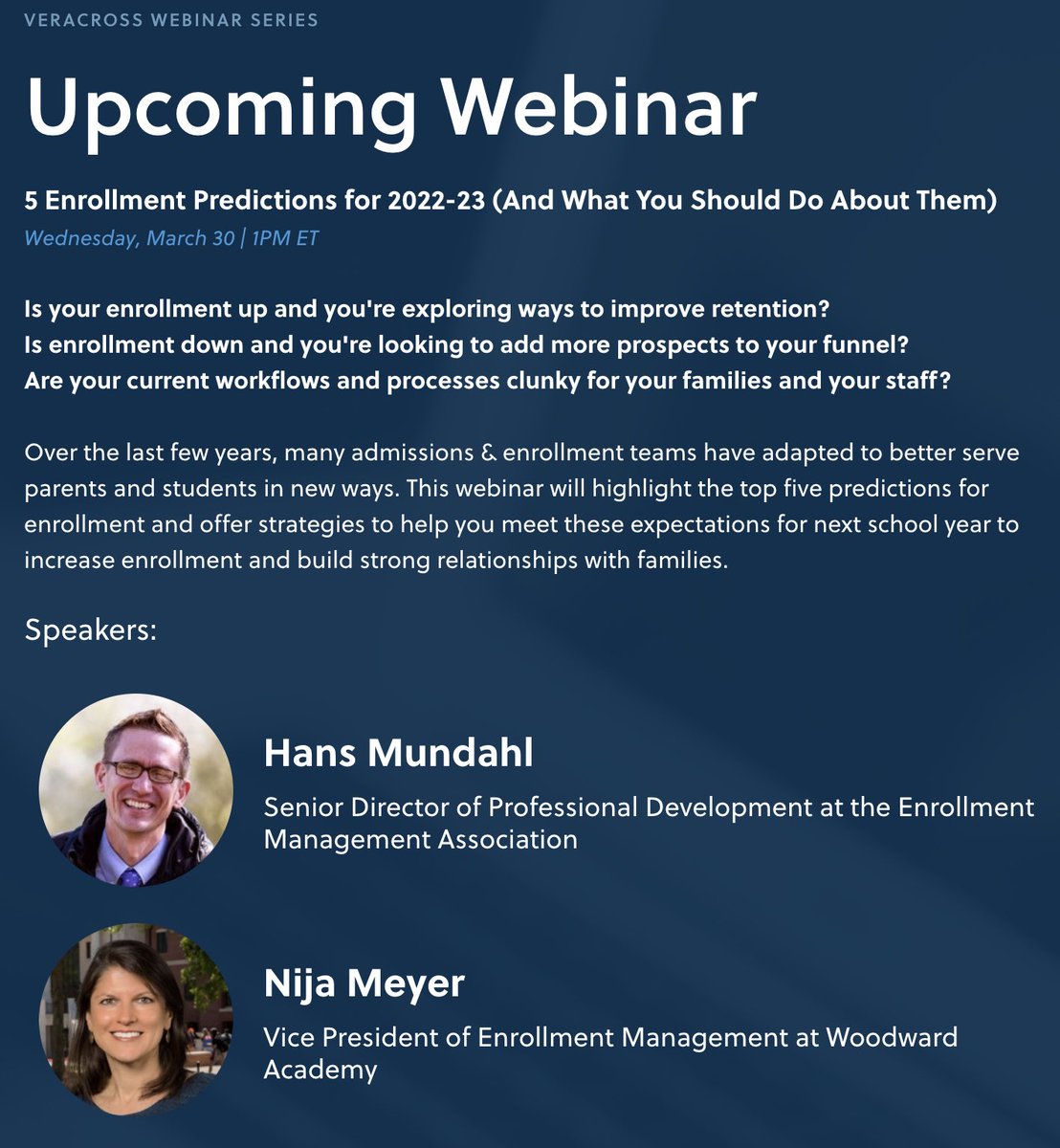 I’m surrounded by talented colleagues, supporting our school daily, who are national thought leaders in the private school market. VP for Enrollment Mgmt Nija Meyer is periodically called on by <a href="/EnrollmentORG/">EMA</a>, <a href="/NicheSocial/">Niche</a>, <a href="/veracross/">Veracross</a>, and more to share enrollment insights.