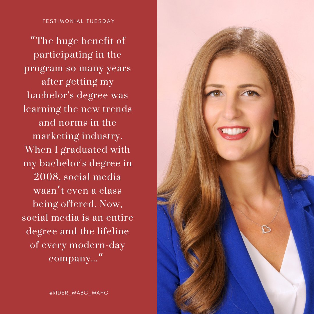 RiderMABC's tweet photo. Michelle Bucknam Newell ‘08 ‘16: “The huge benefit of participating in the program so many years after getting my bachelor's degree was learning the new trends and norms in the marketing industry…” #MABC #Alumni #RiderUniversity #TestimonialTuesday https://t.co/CRflSPxSrg