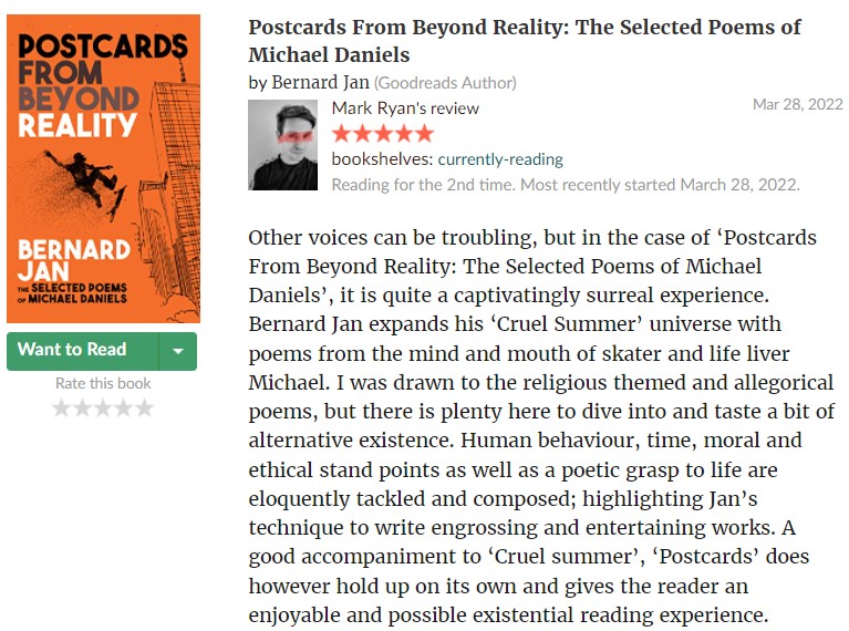 BernardJanWorld's tweet photo. βββββ Goodreads #review for my #poetry book #PostcardsFromBeyondReality πΉπ¦π
Please read the review here π https://t.co/roPQzESHwA
Thank you for loving it, Mark! π§‘ @MarkRyan8289
Check out my #eBook on Amazon π https://t.co/s493UnDY3r
#indieauthors #poems #poem #IARTG RT https://t.co/IAl1yYCd0C