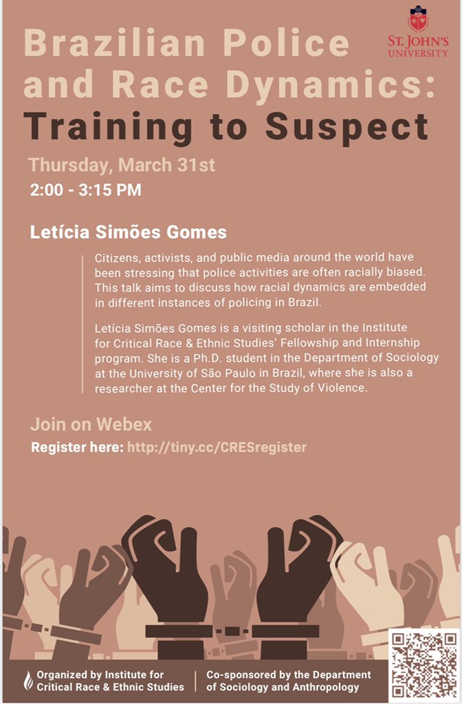 cressju's tweet photo. Join us on Thursday ,March 31st, during common hour as we talk about Brazilian Police and Race Dynamics!

Please register here: https://t.co/MHGNStZbj1 https://t.co/nGOvd6R7Cw