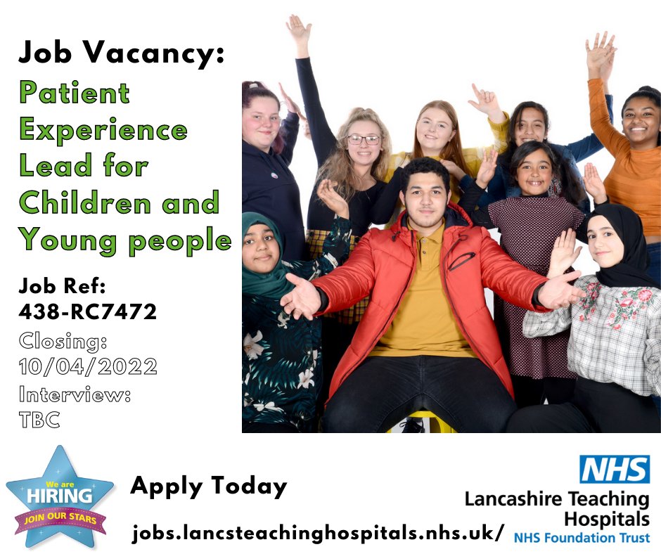 Job Vacancy: Patient Experience Lead for Children and Young People 

⏰ Closing: 10/04/2022

Read more and apply: bit.ly/3LhrlJf

#NHS #NHSjobs #Lancashire #PatientExperience #Children #YoungPeople #Preston