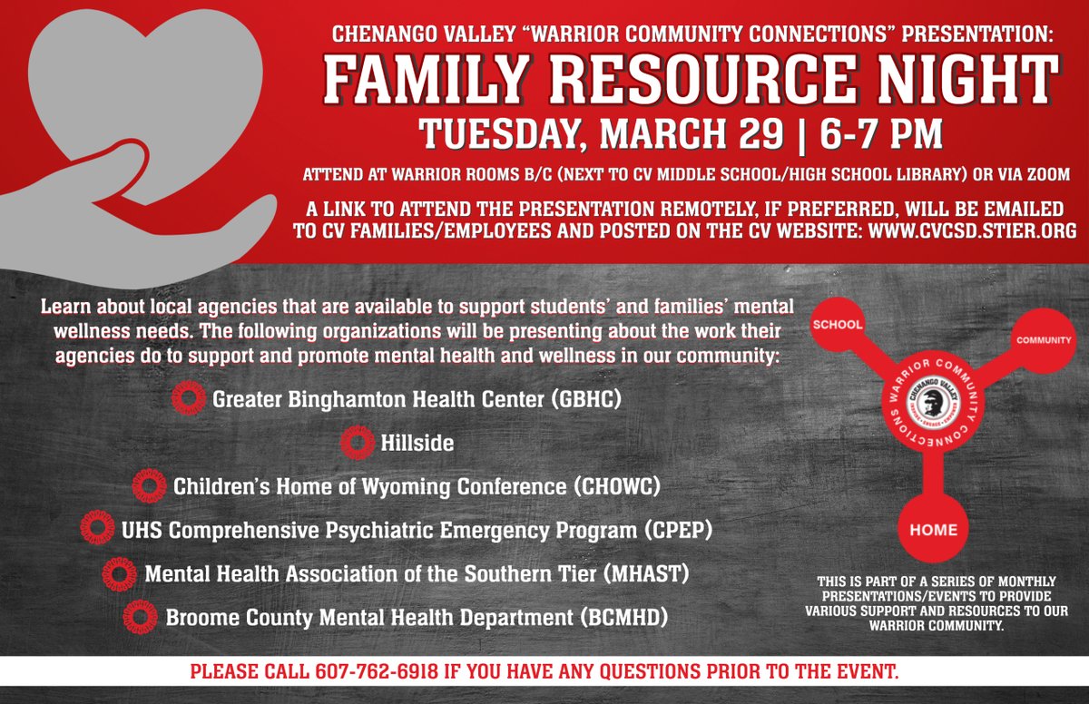CVCommSchools's tweet photo. Don't forget tonight is our 'Family Resource Night' from 6:00-7:00 in Warrior Rooms B/C.  Come learn about organizations in our area that help in supporting mental wellness needs. Panelists from several community resources will be attending! Visit our website for more info! https://t.co/adJSjcnBSx