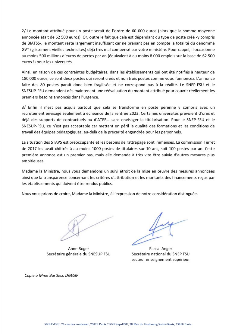 #STAPS - Lettre ouverte du <a href="/SnesupFsu/">SNESUP-FSU</a> et du <a href="/snepfsu/">SNEP FSU #HelloQuitX #20janvier</a> à la Ministre de l'ESR - 29 mars 2022

#80postesperennes #transparence #budgetinsuffisant #titulaires #sousencadrement #flechage #1000postes #stapsoublies <a href="/Profs_Staps_R2/">Staps Rennes En Colère</a> <a href="/C3dStaps/">C3D STAPS</a> <a href="/FsuNationale/">FSU</a> 

snesup.fr/sites/default/…