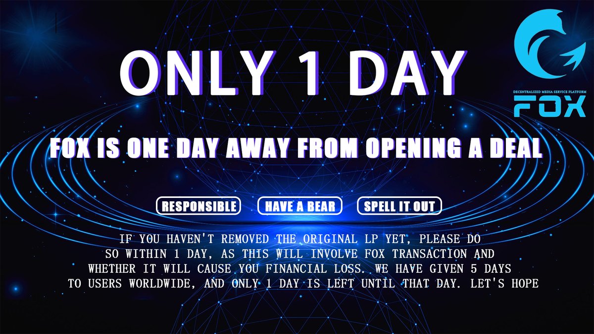 Fox__media's tweet photo. If you haven't removed the original LP yet, please do so within 1 day, as this will involve FOX transaction and whether it will cause you financial loss. We have given 5 days to users worldwide, and only 1 day is left until that day. Let's hope https://t.co/qxd7QAl7qk