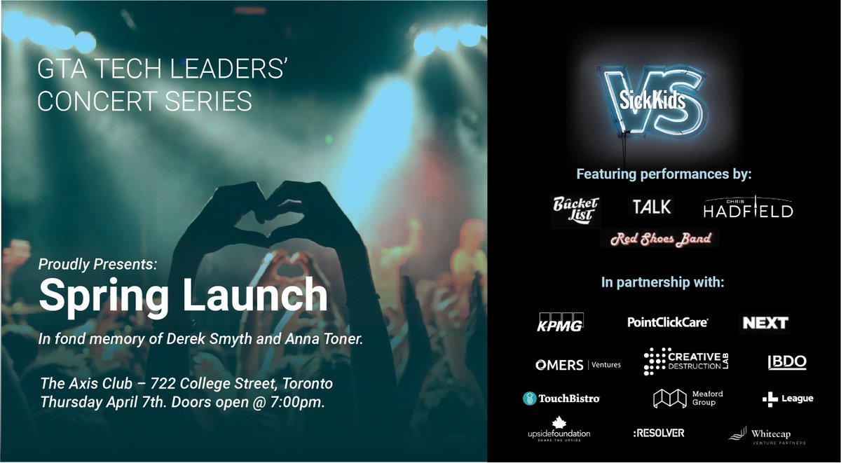 OMERSVentures's tweet photo. Did we mention @Cmdr_Hadfield is performing!? We're giving away our last pair of tickets for the #GTATechLeaders Concert Series at the @TheAxisClub_ on April 7 in support of @sickkids. Come see your fave tech faces rock out onstage. Like or reply to enter. We'll draw tomorrow am! https://t.co/E9cKprDEEw