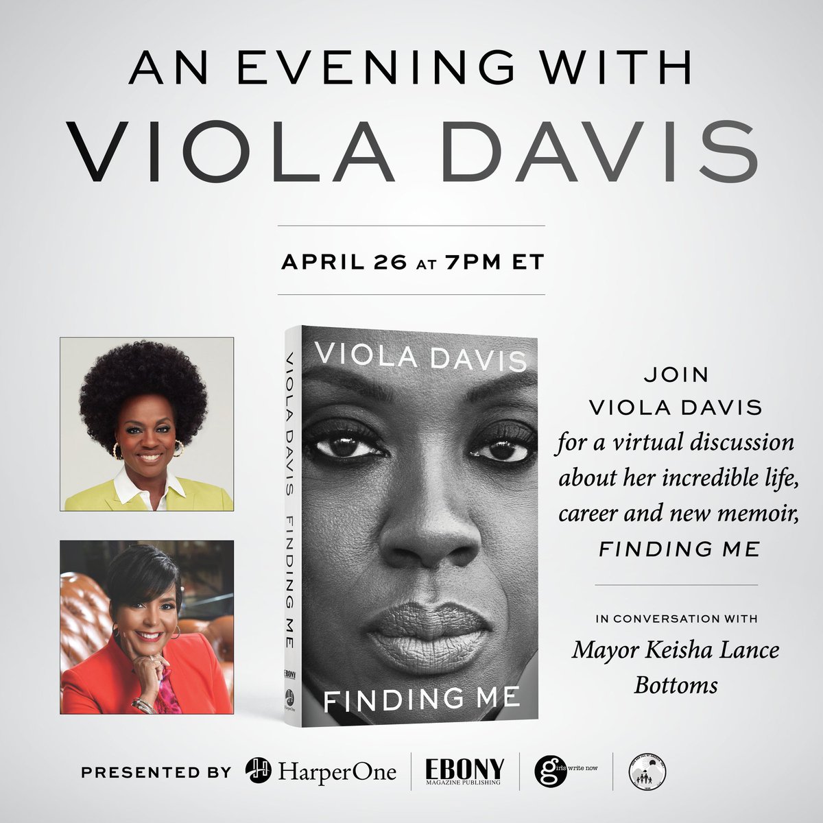 violadavis's tweet photo. I'm excited to be joined by Mayor @KeishaBottoms at the virtual launch event for Finding Me! Get your tickets from any of these amazing independent booksellers. Hope to see you on 4/26! https://t.co/Y88nUUPxF1 https://t.co/QzWvwV6zHy