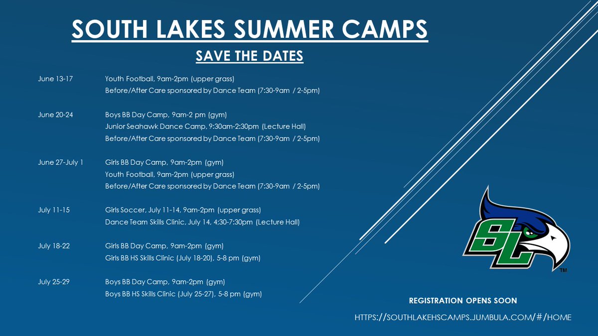 SeahawkSports's tweet photo. Save the Dates Seahawks 🗓️ - Summer Camps sponsored by @SeahawkBoosters  are right around the corner, 👀⤵️  As other camp info &amp; dates come available, we'll announce them 🏀⚽️🏈 💃 https://t.co/16rMh7BHWc