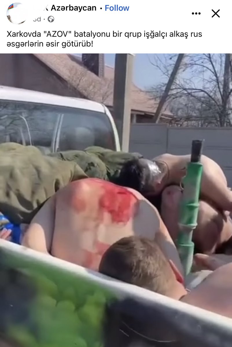 LindseySnell's tweet photo. Azerbaijani news pages on Facebook and Instagram adore videos of the neo-Nazi Azov battalion torturing Russian prisoners of war. Makes sense; Azerbaijani soldiers did all these things (and worse) during and after the 2020 war. https://t.co/JKwmD5vp78