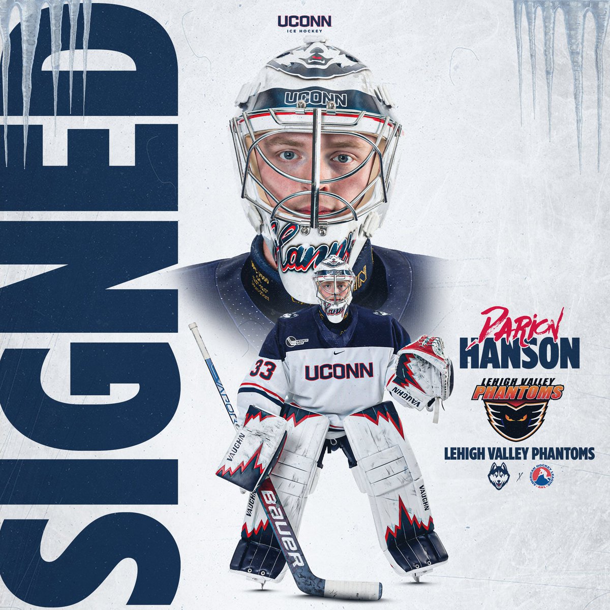 #IceBus netminder <a href="/DarionHanson33/">Darion Hanson</a> is the latest Husky on to the pro ranks!

Hanson came over from Union this season and set a new UConn record with 20 wins in net!  Congrats on signing with <a href="/LVPhantoms/">Lehigh Valley Phantoms</a>