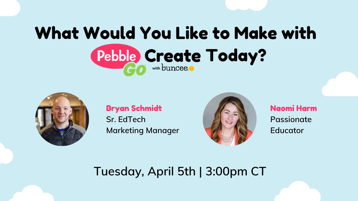 What Would You Like to Make with #PebbleGoCreate Today? Save the date for our next #webinar happening next week! 🌟 Registration Link → bit.ly/36lcZZd 🗓️ Date: Tuesday, April 5th ⏰ Time: 3pm CT 🗣️ Speakers: Bryan Schmidt & @naomiharm