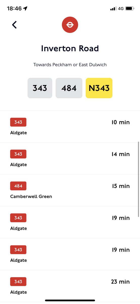 HawkKayser's tweet photo. @TfL We‘ve all heard the saying about waiting ages then 3 buses come along at once well, I’ve been waiting 15 minutes, and 5 are due within a 13 minute period, I think you really need to look at spreading the service out a bit more it’s a bit of a joke. A 25min wait is too long. https://t.co/jiNhXb1Vq5